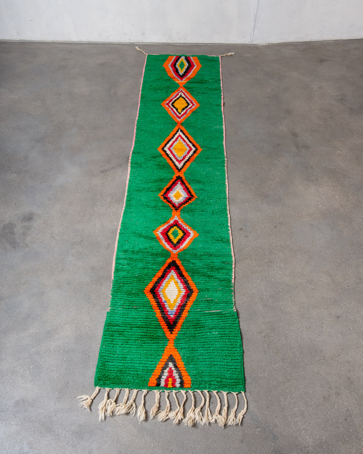 Modern, designer, handcrafted Berber runner rug from Morocco. Vintage carpet with beautiful colours and patterns and fluffy texture